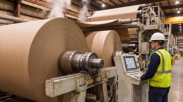 Kraft paper reel running on the mill machine with an operator at the control panel