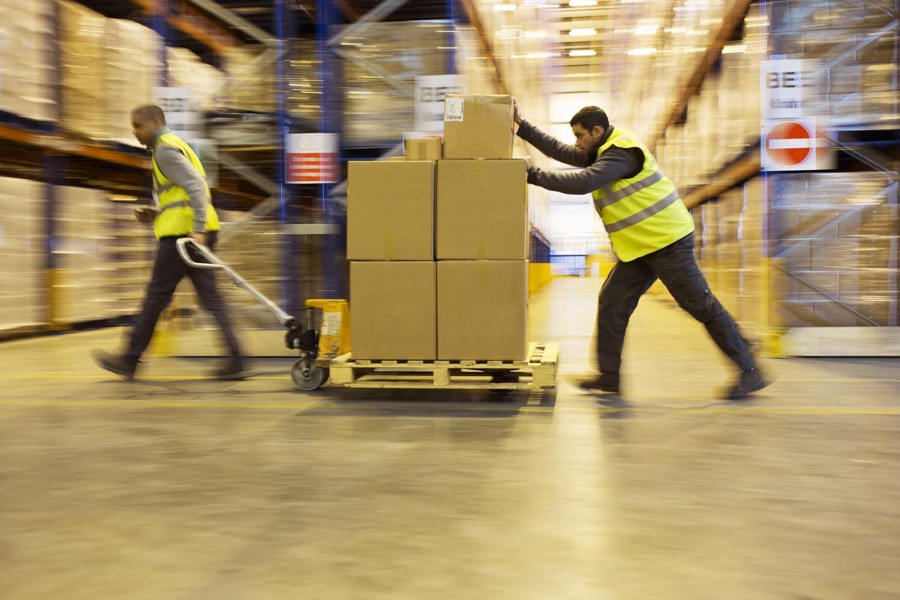 Warehouse team moving palletised cartons for trade distribution