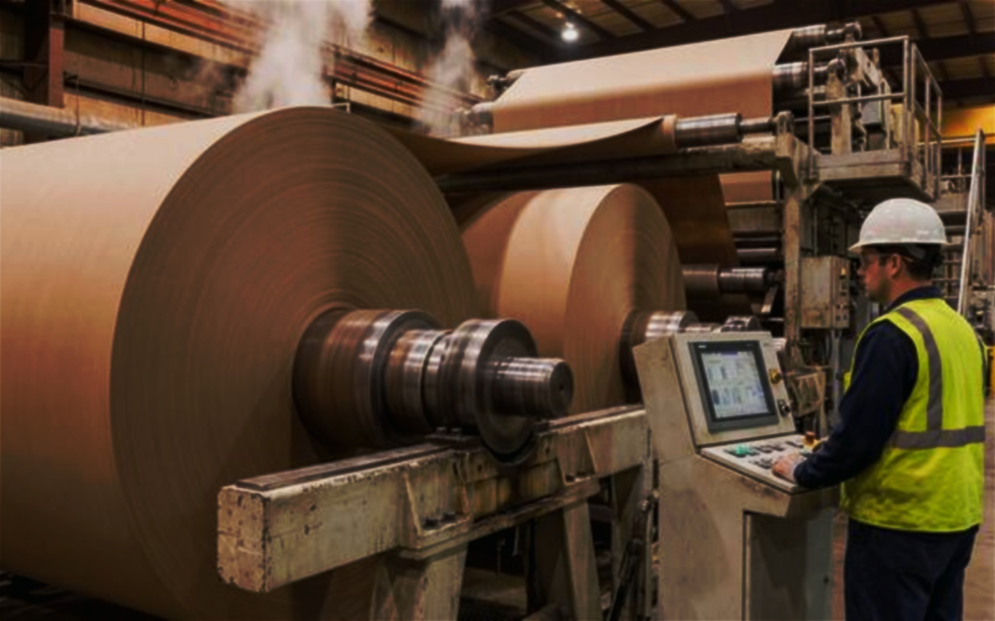Kraft paper reels running on the mill machine