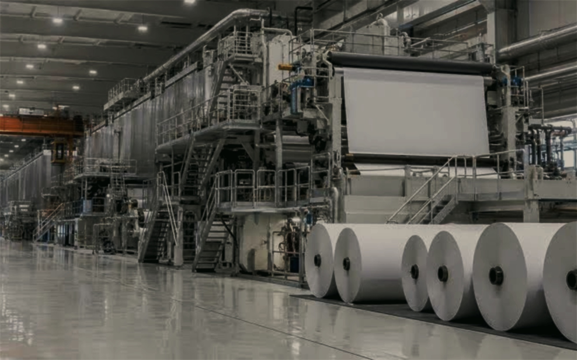 Paper mill production line with finished reels